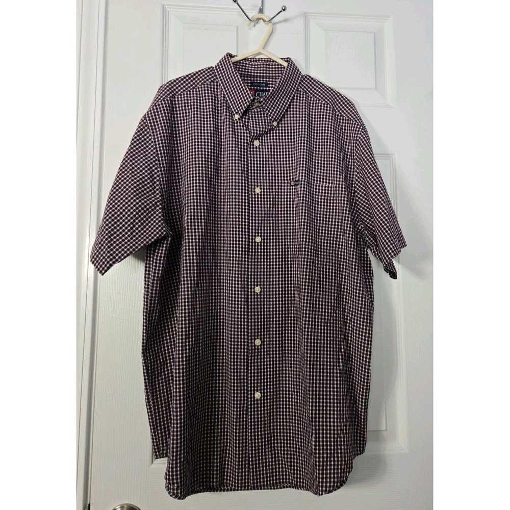 Chaps Red Blue Plaid Button Up Shirt Men's Size L - Short Sleeve Crest Easy Care